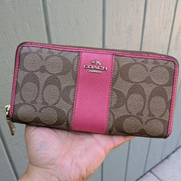 Coach Handbags - Coach Signature C Pink Stripe Zip Wallet